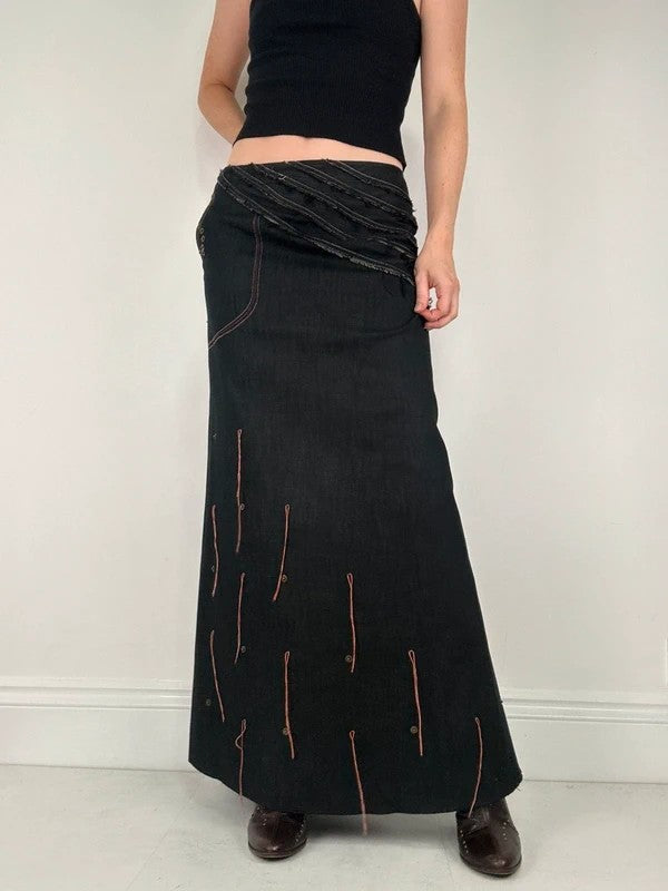 Flared black distressed maxi skirt