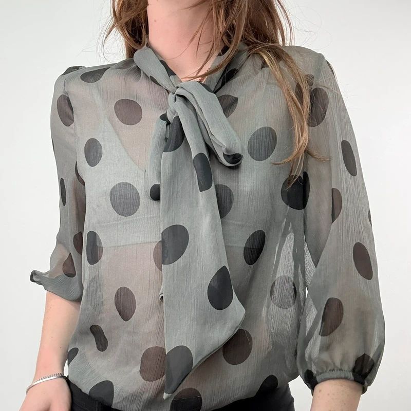 grey polkadot bow blouse