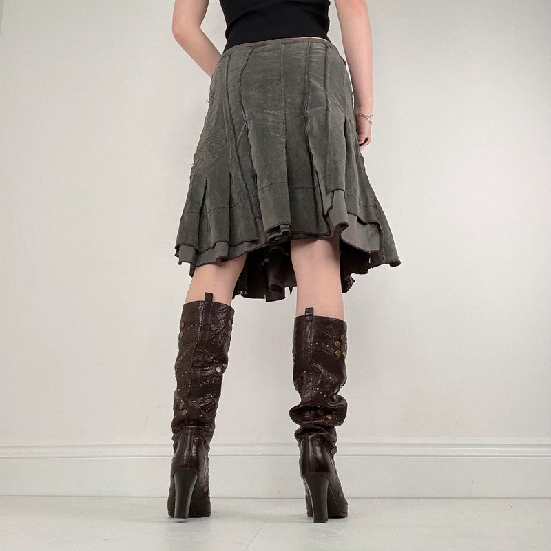 khaki pleated flared utility skirt