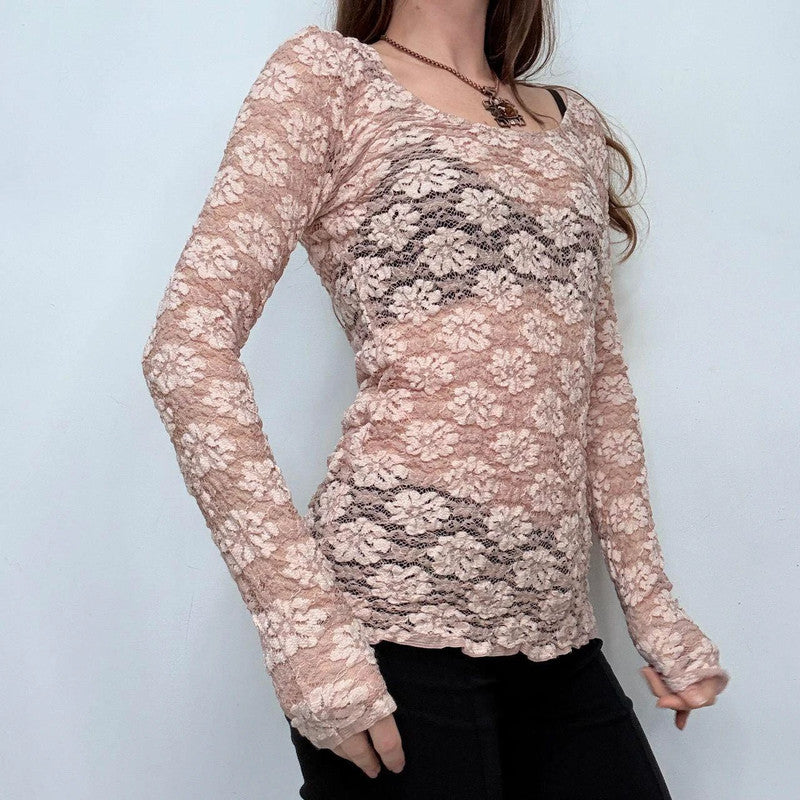 pink lace floral long sleeve top