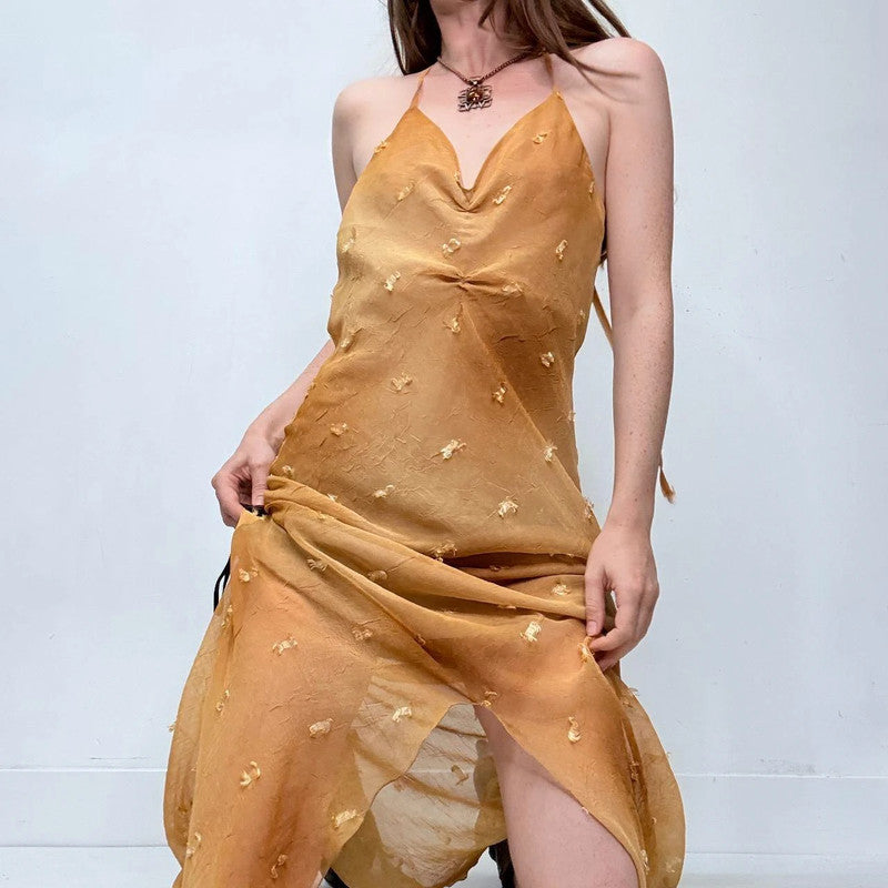 sheer gold bias cut maxi dress