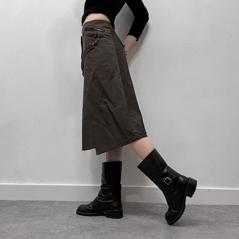 brown pinstripe flared cargo midi skirt