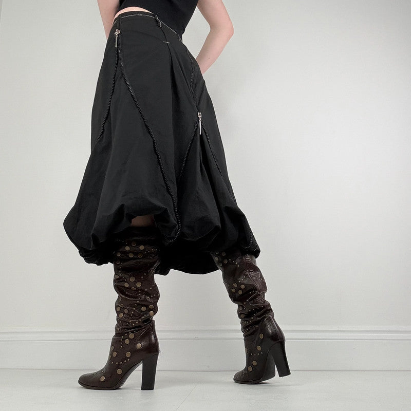 Black structured puff zip midi skirt