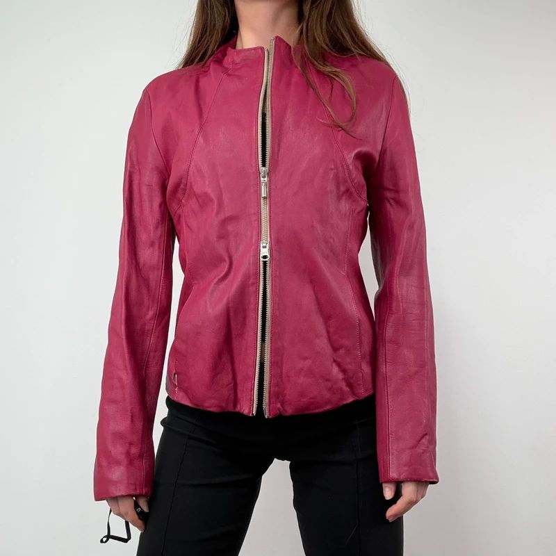 fitted 90s pink leather zip-up jacket
