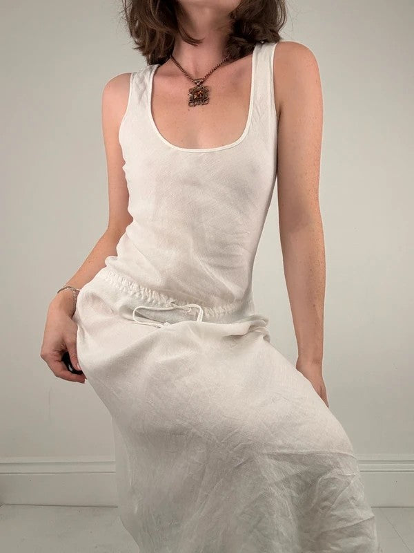white linen bias cut drop waist maxi dress
