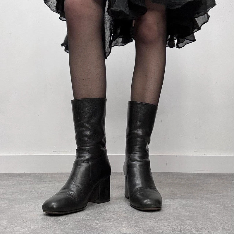 black leather square heel boots