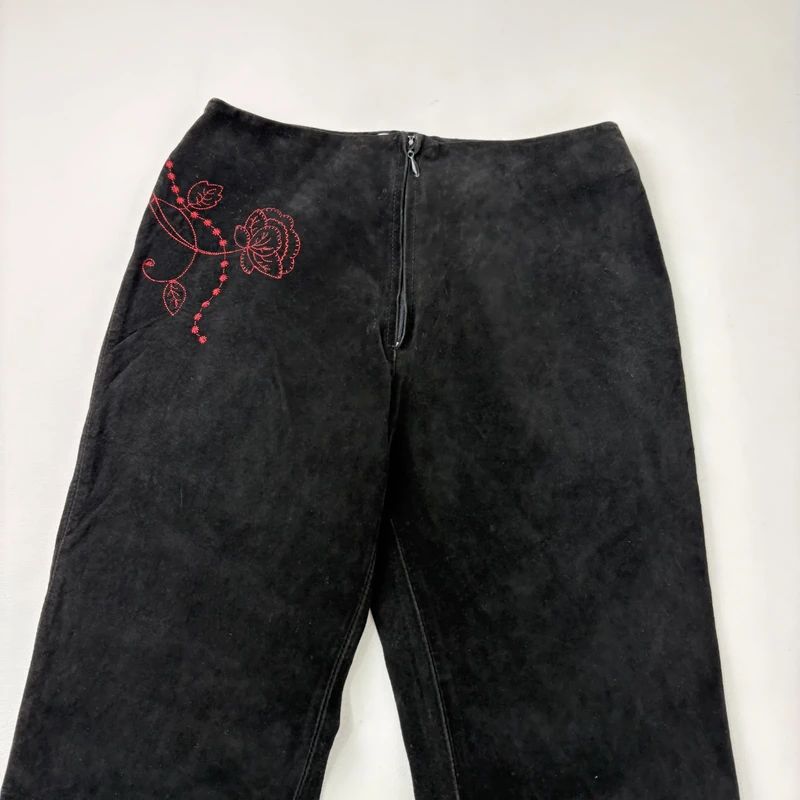 black suede embroidery flared trousers