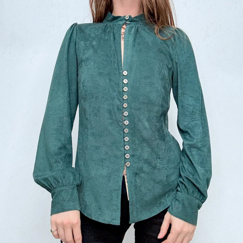 green fitted button flared shirt
