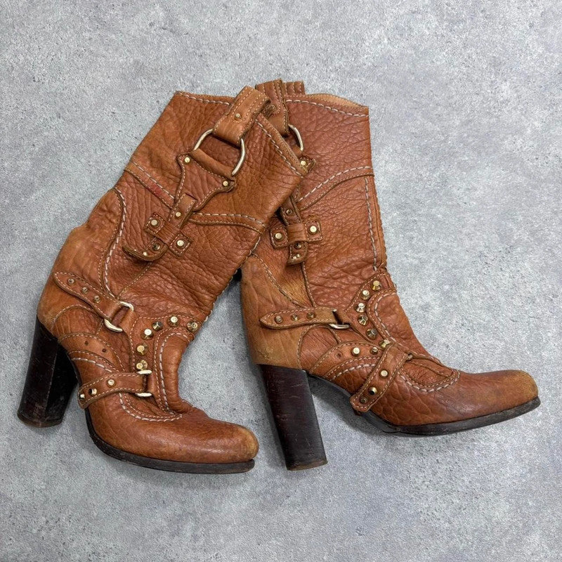 tan leather studded heeled boots