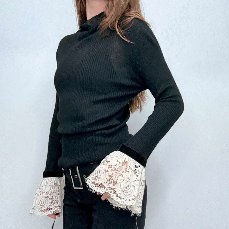 black ribbed slouchy gothic lace shirt