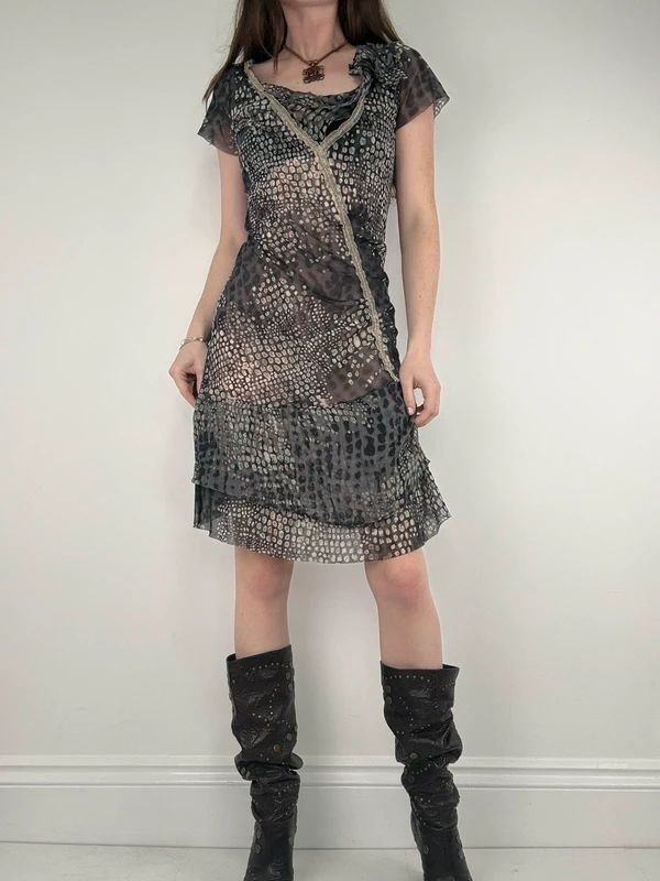 slouchy grey polkadot snake cowl neck draped mini dress
