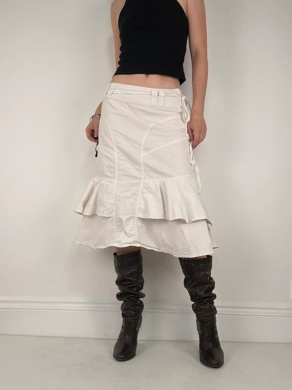 white ruffle low rise layered midi skirt