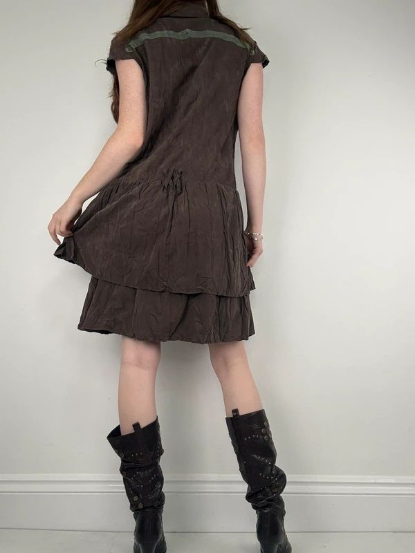 brown crinkle layered shirt dress