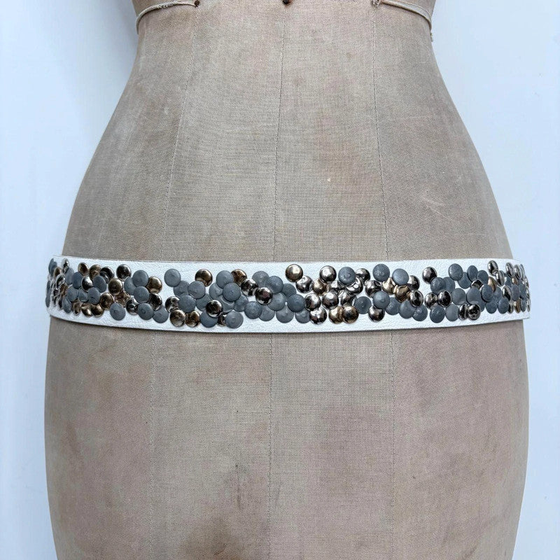 white leather studded metal belt