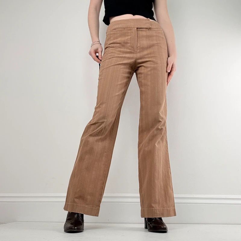 brown pinstripe wide leg flared