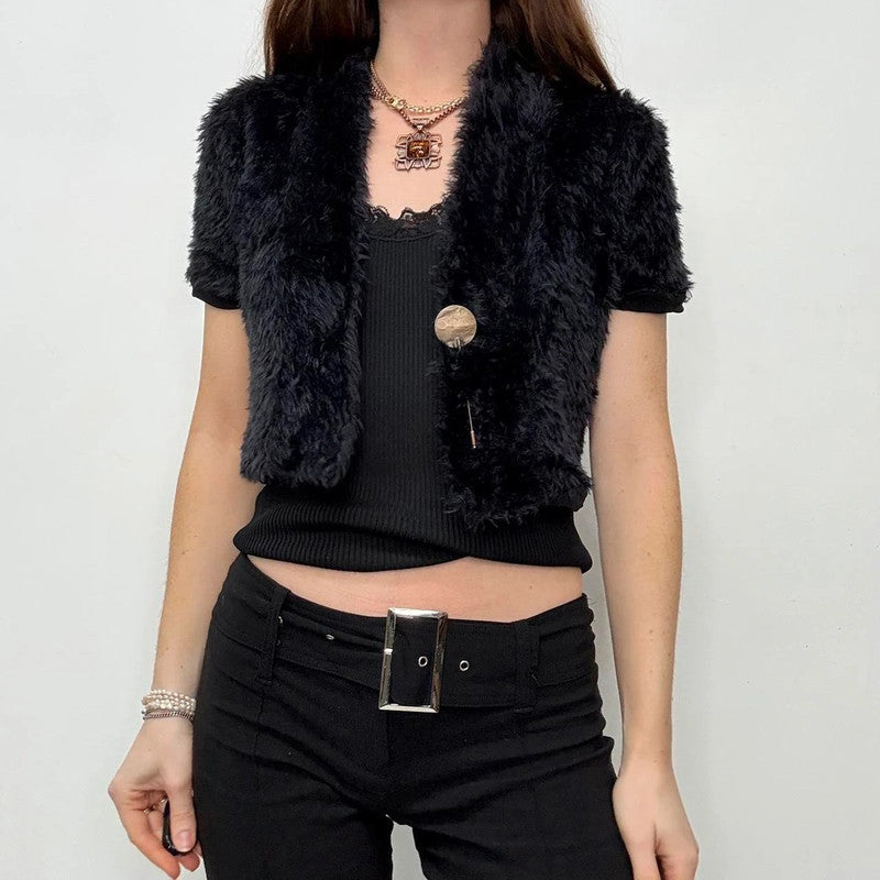 cropped black faux fur cardigan