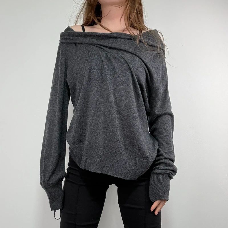 grey slouchy knit off-the-shoulder jumper, wool and silk blend