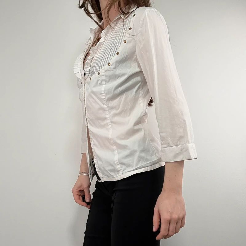 white pleated studded cotton napoleonic Morgan shirt