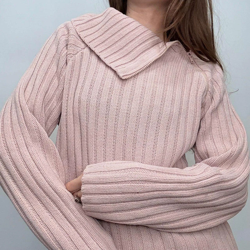 pink chunky ribbed asymmetric jumper
