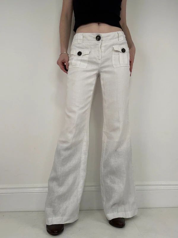 Cargo linen summer flare white trousers