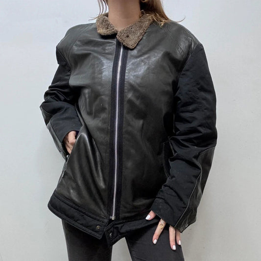 oversized black leather Aviator jacket