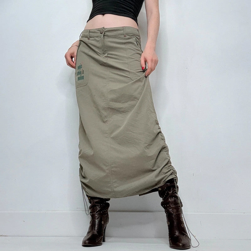khaki gathered cinched maxi skirt