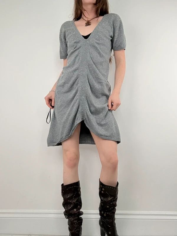 grey gathered draped front asymmetric dress
