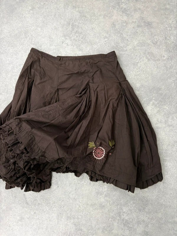 Brown cotton pleated flare boho floral skirt