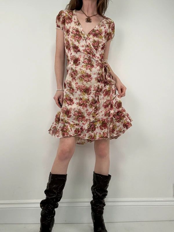 floral rose ruffle wrap around mini summer tea dress