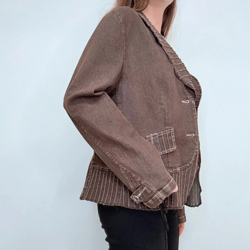 brown flared distressed pinstriped stitched jacket