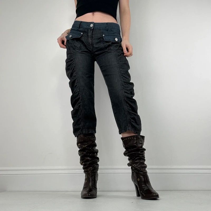 gathered cinched denim cropped pants