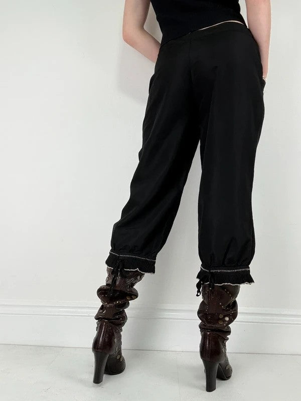 black capri pants pleated ruffle hem trousers