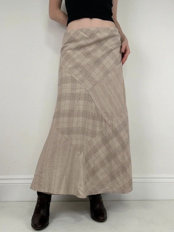 beige linen tartan flared checked maxi skirt