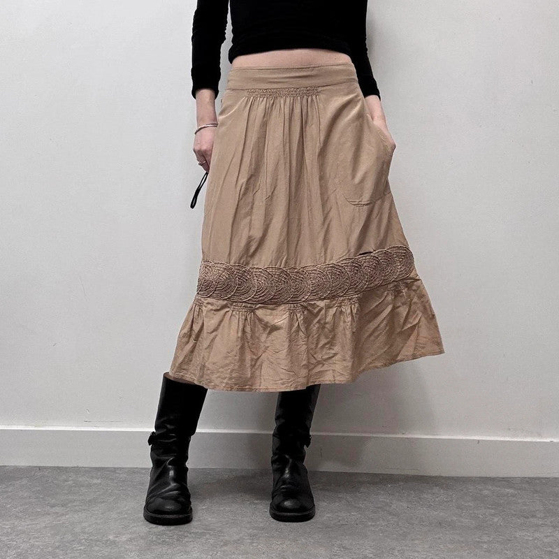 tan silk pleated flared midi skirt