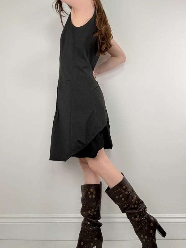 black deconstructed flared midi dress