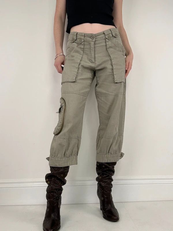 khaki linen cropped pleated capri utility pants