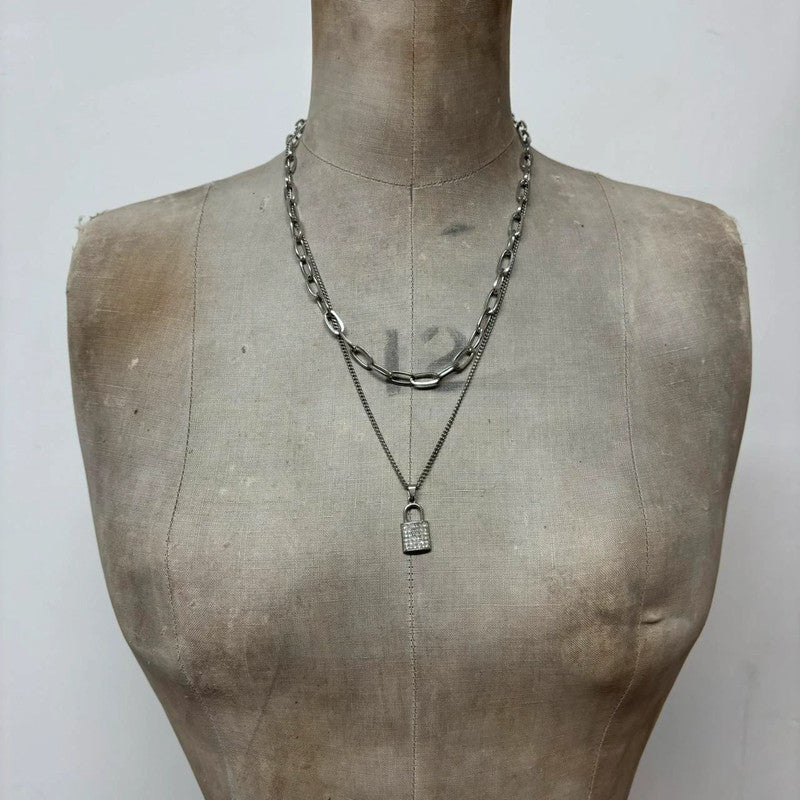 Layered silver padlock necklace