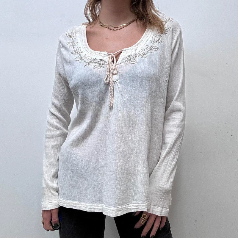 white embroidered flared cheesecloth shirt