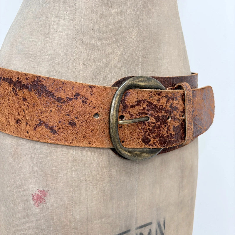Distressed brown leather oversized thick belt