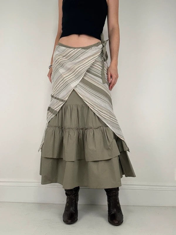 khaki layered pleated ruffle cotton maxi skirt