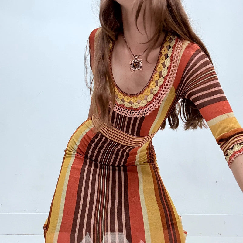 brown striped knitted crochet dress