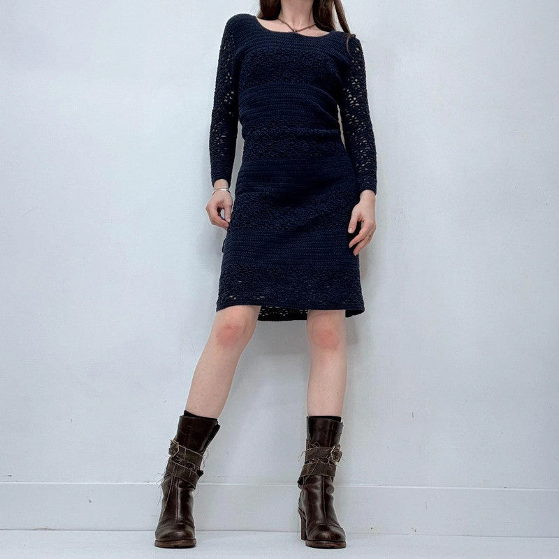 navy crochet long sleeve midi dress