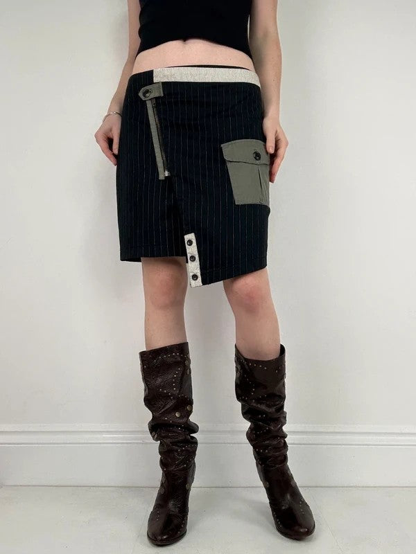 asymmetric deconstructed black pinstripe midi skirt