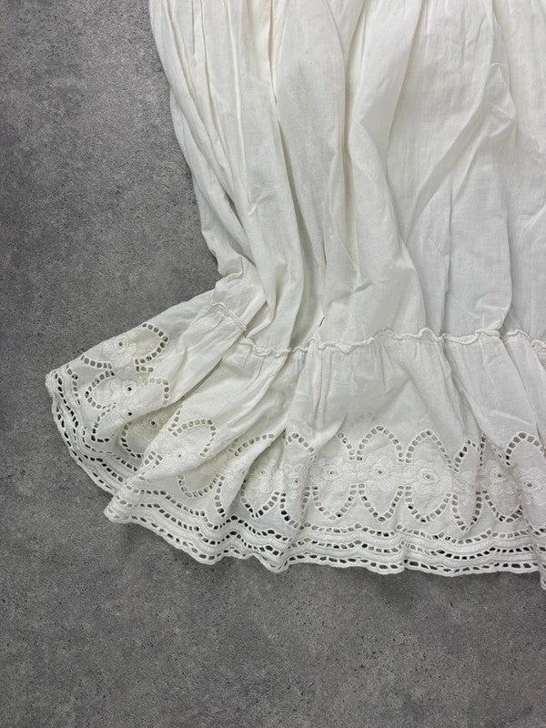 white cotton lace pleated tiered maxi dress