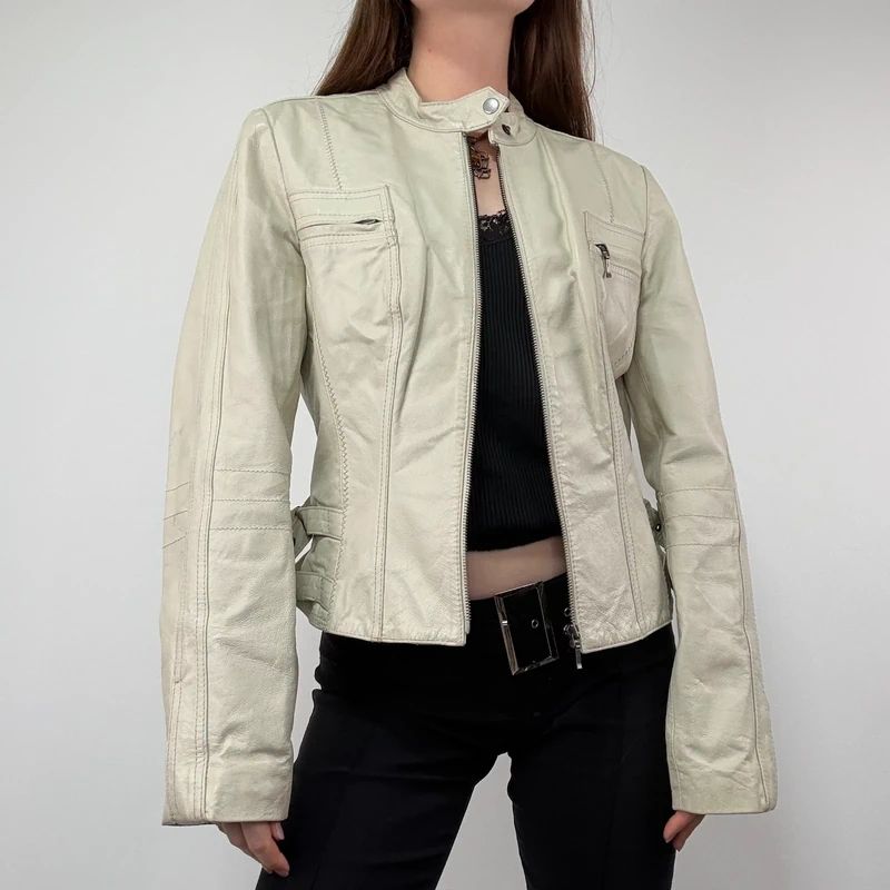 Cream Cropped Leather Biker Jacket