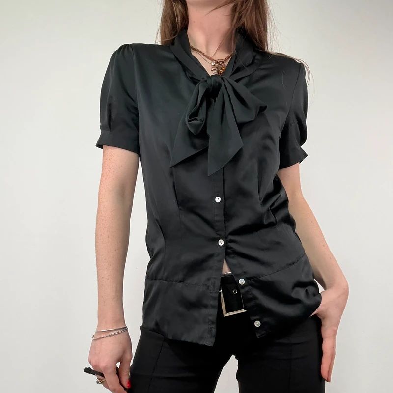 Black Satin Fitted Bow Shirt
