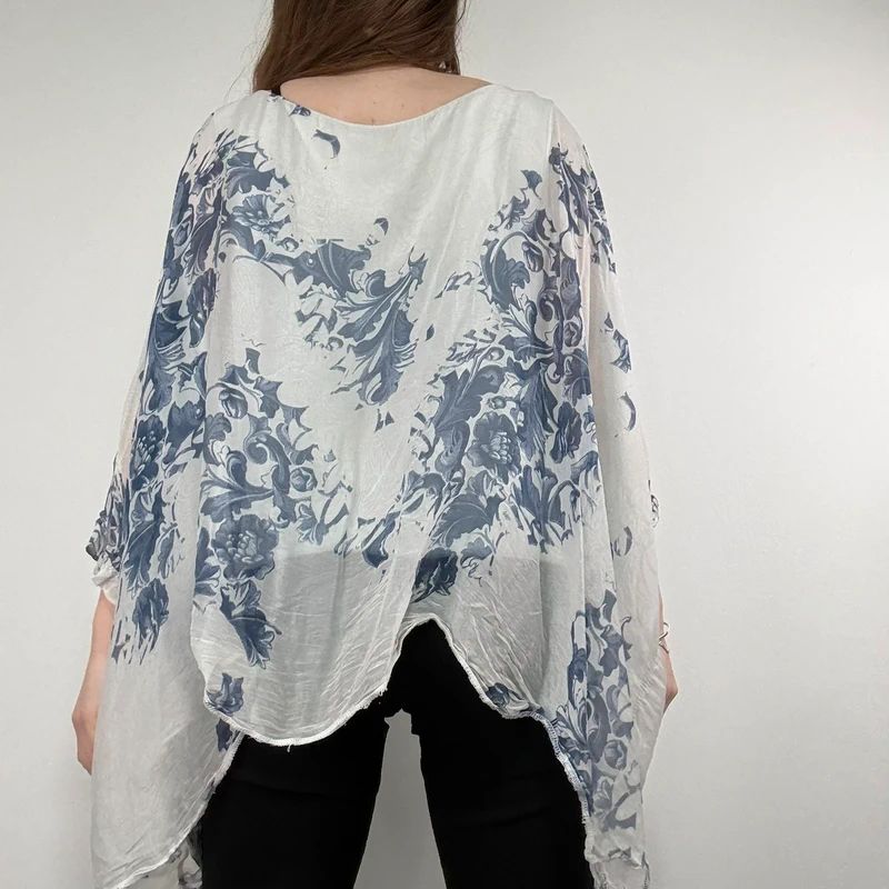 white and blue silk draped regency printed batwing blouse