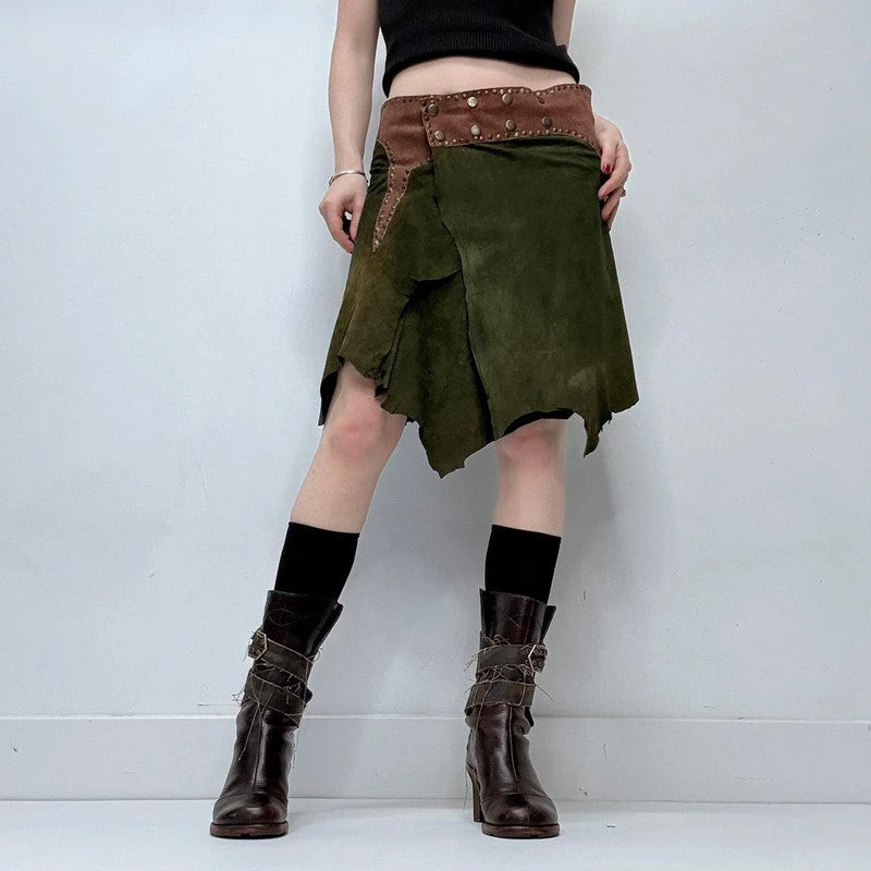 khaki green studded boho leather skirt belt