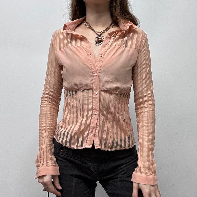 pink mesh pinstripe sheer flared shirt