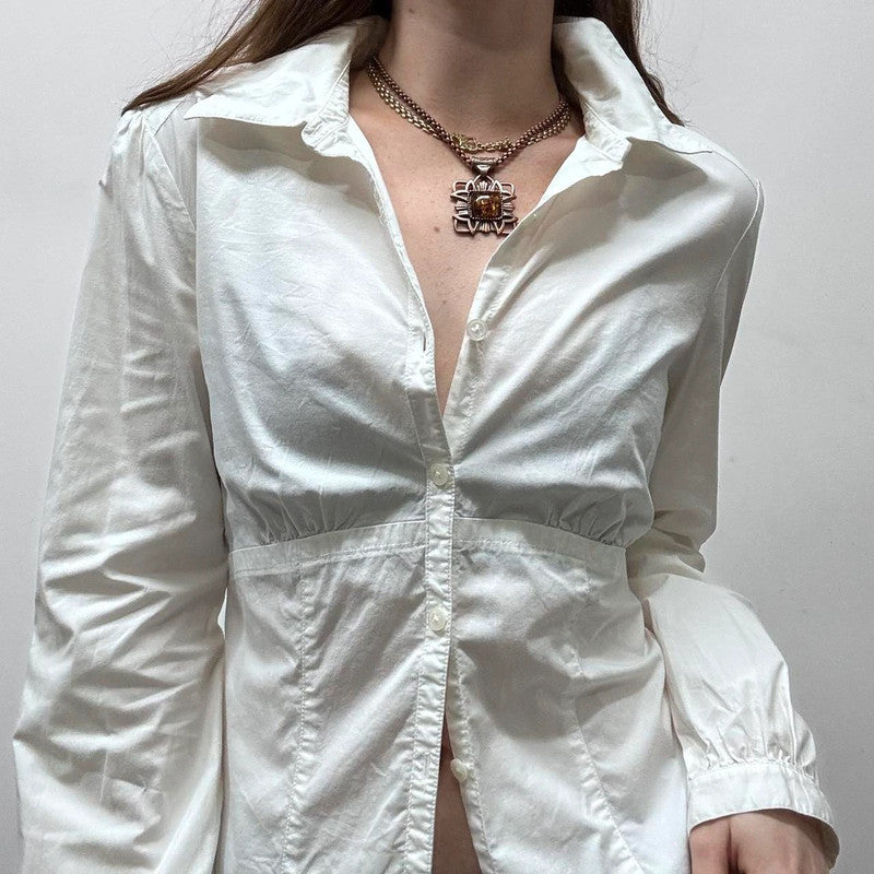 white puff sleeve button up shirt